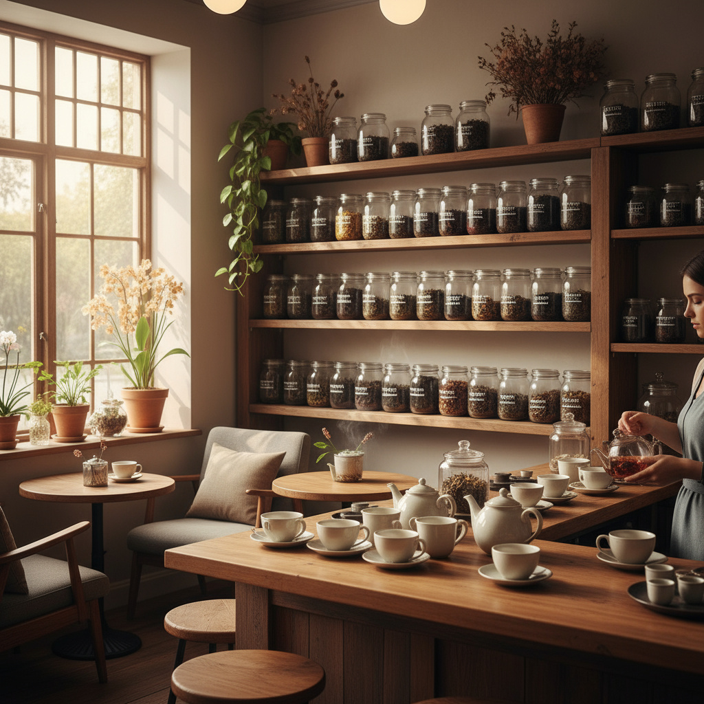 Interior acogedor de la tienda de té Teakofri en Valencia