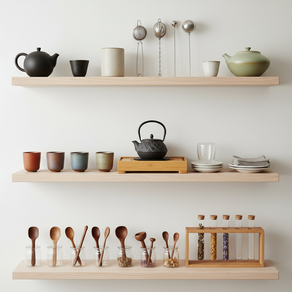 Accesorios de té como teteras e infusores en estantería