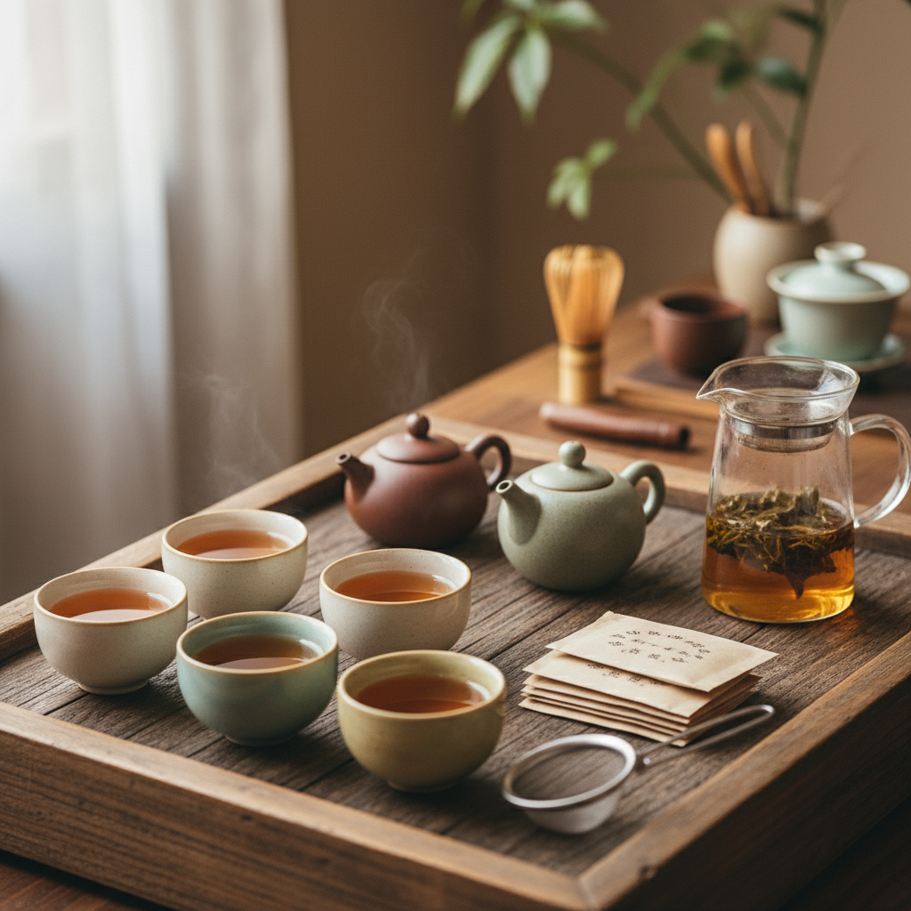Mesa preparada para cata de té con múltiples tazas